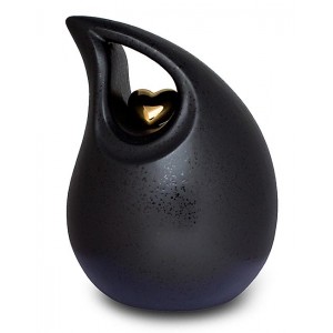 Ceramic (Medium Size) – Pet Cremation Ashes Urn - Teardrop Design (Black with Gold Heart Motif)